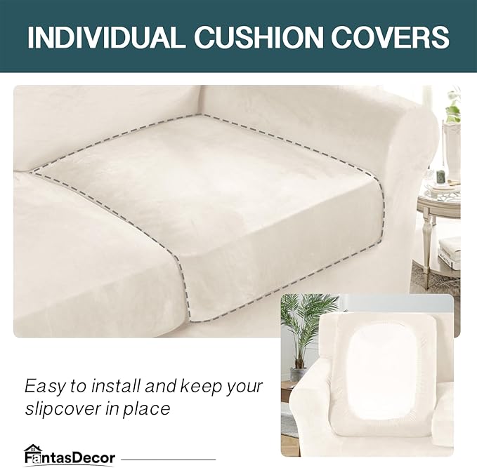 FantasDecor 4 Piece Sofa Velvet Couch Covers for 3 Cushion Stretch Slipcover with Individual Seat Cushion Elastic Furniture Protector for Pets, Machine Washable (Sofa, Ivory)