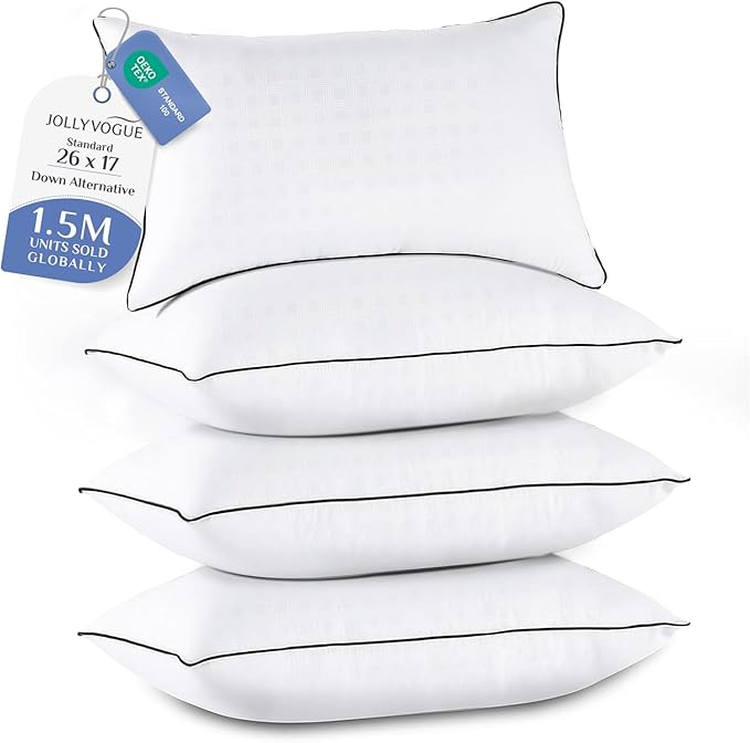 JOLLYVOGUE Pillows Standard Size Set of 4, Collection Bed Pillows for Sleeping, Hotel Quality Pillows for Side, Back and Stomach Sleepers, Soft Supportive Oeko-Tex Certified Down Alternative Filling