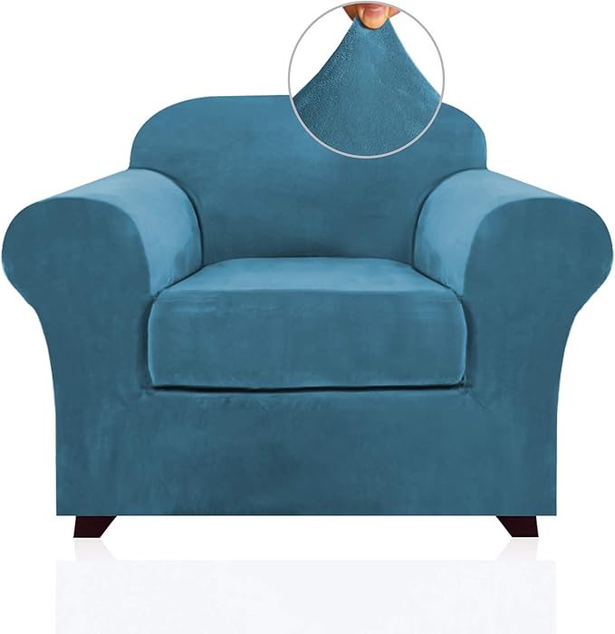 PrinceDeco Velvet Plush Couch Cover Stretch 2 Piece Chair Cover Chair Slipcover Washable Furniture Protector Couch Soft with Elastic Bottom Armchair Cover Width Up to 49 Inch(Small, Blue)