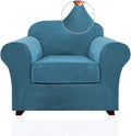 PrinceDeco Velvet Plush Couch Cover Stretch 2 Piece Chair Cover Chair Slipcover Washable Furniture Protector Couch Soft with Elastic Bottom Armchair Cover Width Up to 49 Inch(Small, Blue)