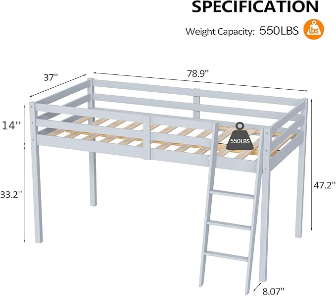 VINGLI 47'' Tall Junior Low Loft Bed with Stairs, Wood Loft Bed Twin Size for Adults, Kids and Young Teens, No Box Spring Required,Wood Slat Support, Gray