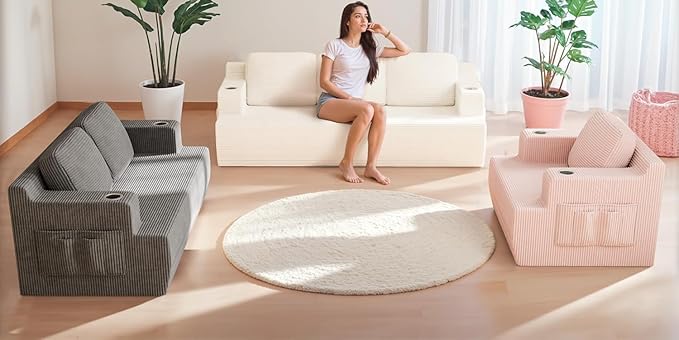 Homall 42” Single Sofa Foam Couch for Small Spaces Upholstered Floor Sofa with Cup Holder & Storage Pocket Boneless Couch for Bedroom Living Room (White, Single)