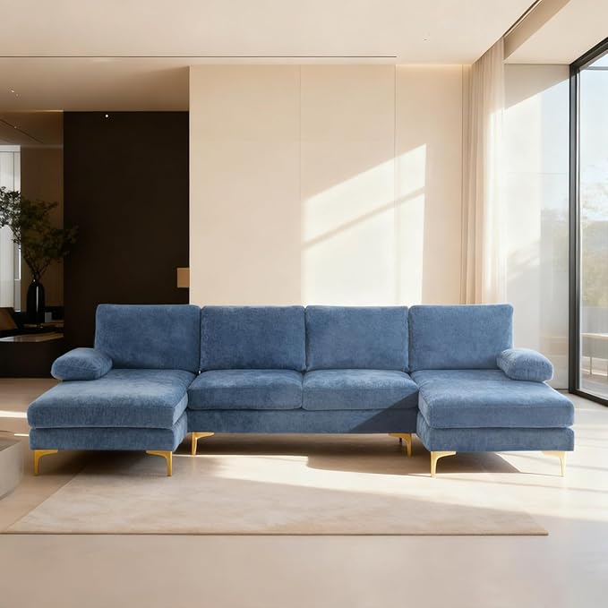 Karl home 110" Sectional Sofa U-Shaped 4-Seat Couch with Chaises Chenille Fabric Upholstered for Living Room, Apartment, Office, Dusty-Blue