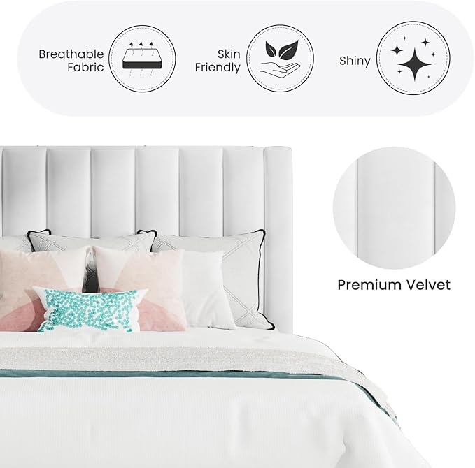 SHA CERLIN Queen Bed Frame/Velvet Upholstered Platform Bed Frame with Headboard/Strong Wood Slats Support/Mattress Foundation/No Box Spring Needed/Easy Assembly/White