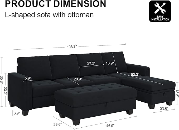 Belffin Velvet Convertible 4-Seat Sectional Sofa with Reversible Chaise L Shaped Sofa Couch Furniture Sets Sectional Couch with Storage Ottoman Black