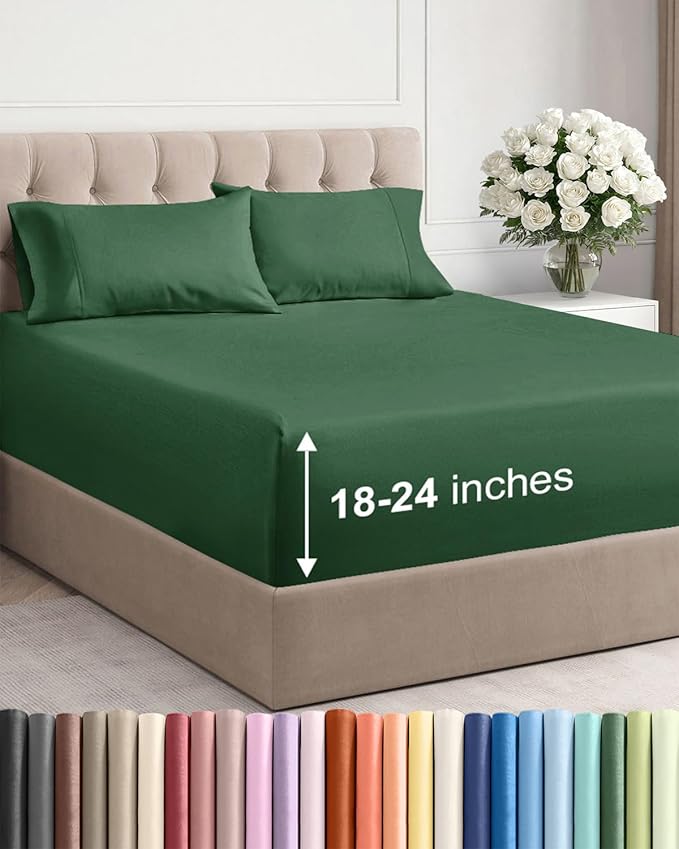Extra Deep Twin XL Sheet Set - 4 Piece Breathable and Cooling Sheets - Hotel Luxury Bedding for Women, Men, Kids & Teens - Easy Secure Fit - Soft & Wrinkle Free - Extra Deep Pockets - Emerald Green