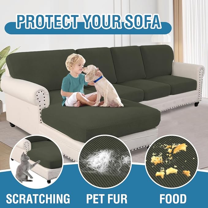 H.VERSAILTEX Sectional Couch Covers 4 Pieces Sofa Seat Cushion Covers L Shape Separate Cushion Couch Chaise Cover for Both Left/Right Sectional Couch (Seat Only: 1 Chaise + 3 Sofa, Olive)