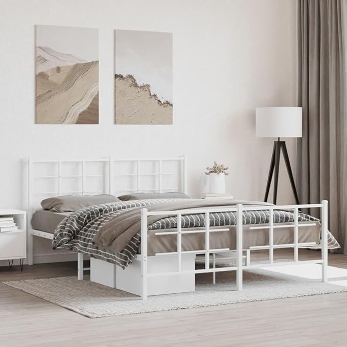Modern White King Size Metal Bed Frame with Heavy-Duty Construction and Powder-Coated Finish for Enhanced Durability and Easy Assembly