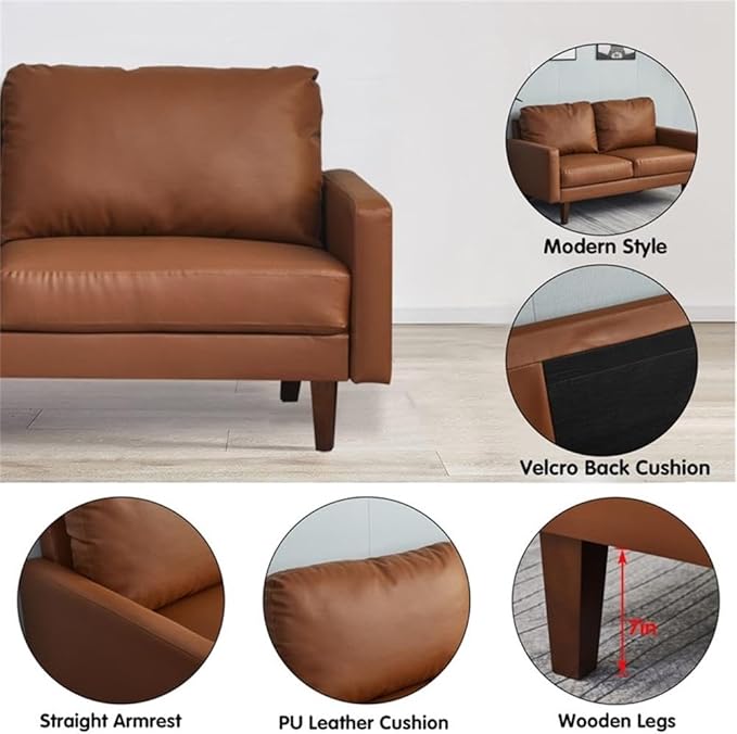 Pemberly Row Modern PU Leather Sofa Couch with Wooden Legs – Brown, 70 Inch Upholstered Sofa, High-Density Cushion, Straight Arm Design for Living Room, Apartment or Office