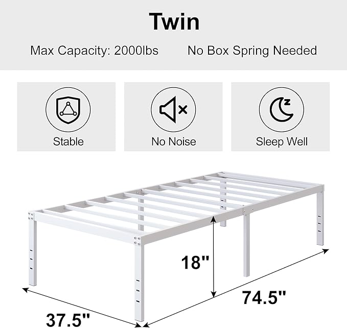 DiaOutro 18 Inch White Twin Bed Frame Heavy Duty No Box Spring Needed Metal Platform with Maximum Storage, Easy Assembly, Noise Free