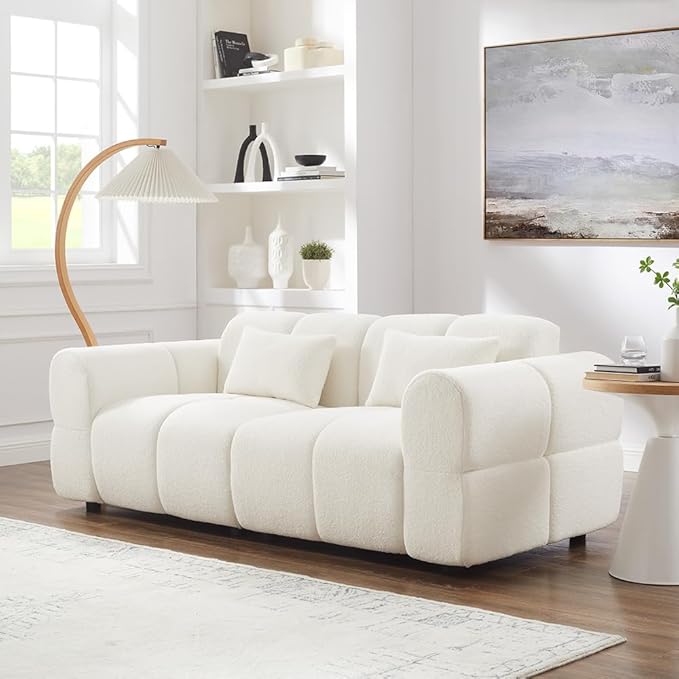 80" Modern Sofa Couch, Comfy Deep Seat Teddy Cloud Sofa, Upholstered 3-Seater Boucle Couch, Oversized Loveseat for Living Room, Bedroom, Office, Apartment(White)