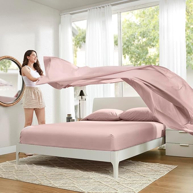Comfort Spaces 100% Cotton Sheets Queen, Breathable & Ultra Soft Cotton Sheets, Naturally Cool Cotton Bed Sheets with 14" Elastic Pocket Fits up to 16" Mattress, All Seasons Sheet Set, Pink 4 Piece