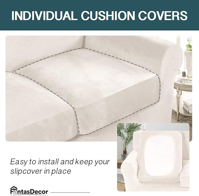 FantasDecor 3 Piece Sofa Covers Velvet for 2 Cushion Couch Stretch Loveseat Slipcover with Individual Seat Elastic Furniture Protector for Pets (Sofa, Ivory)