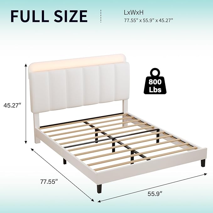 BarnFurin Full Size Bed Frame with Upholstered Headboard and LED Lights, Platform Bed Frame Full with Storage, Noise-Free, No Box Spring Needed, Easy Assembly, White