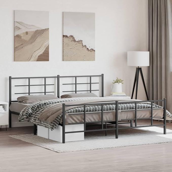 Modern Double Metal Bed Frame with Footboard and Underbed Storage, Sturdy Mattress Support Platform for Bedroom, Black Powder-Coated Finish, Space-Saving