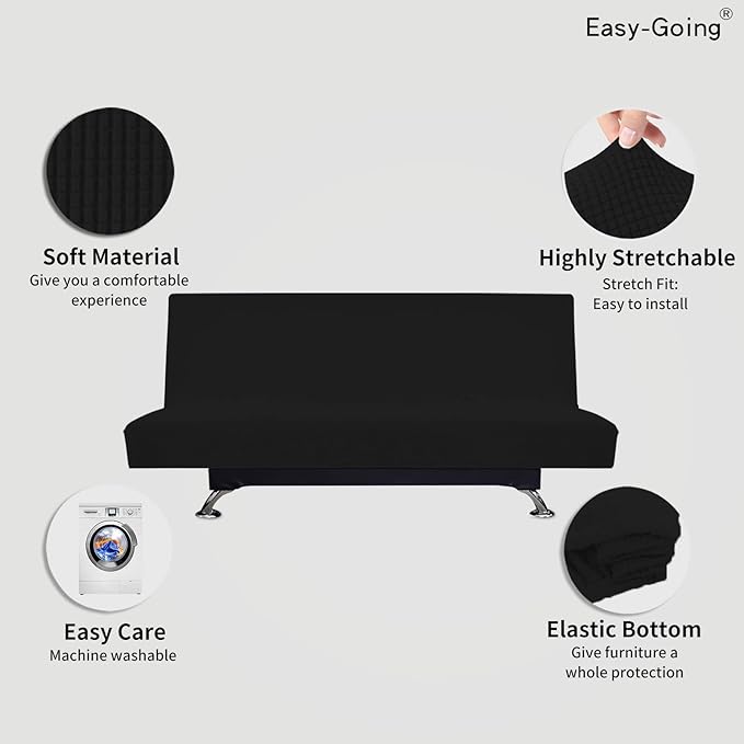Easy-Going Stretch Futon Slipcover Armless Futon Bed Cover Furniture Protector Without Armrests with Elastic Bottom for Kids, Soft Jacquard Fabric Small Checks (Large, Black)
