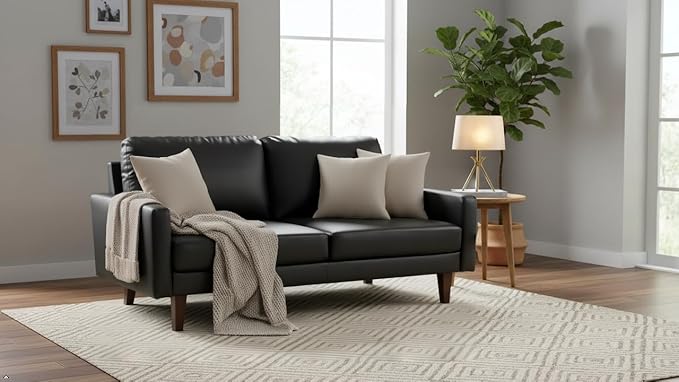 Pemberly Row Modern PU Leather Sofa Couch with Wooden Legs – Black, 70 Inch Upholstered Sofa, High-Density Cushion, Straight Arm Design for Living Room, Apartment or Office