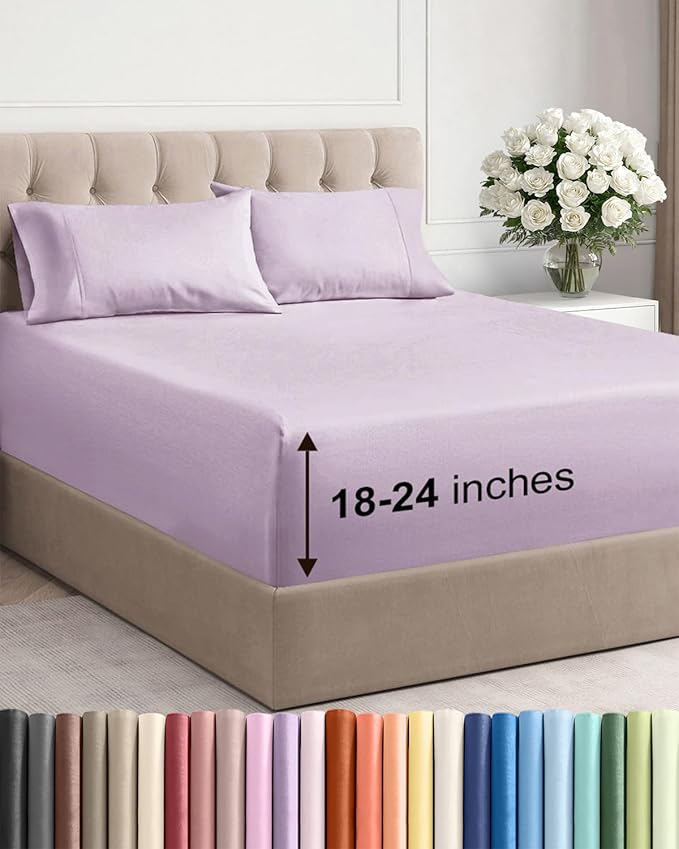 Extra Deep Twin XL Sheet Set - 4 Piece Breathable and Cooling Sheets - Hotel Luxury Bedding for Women, Men, Kids & Teens - Easy Secure Fit - Soft & Wrinkle Free - Extra Deep Pockets - Light Lavender