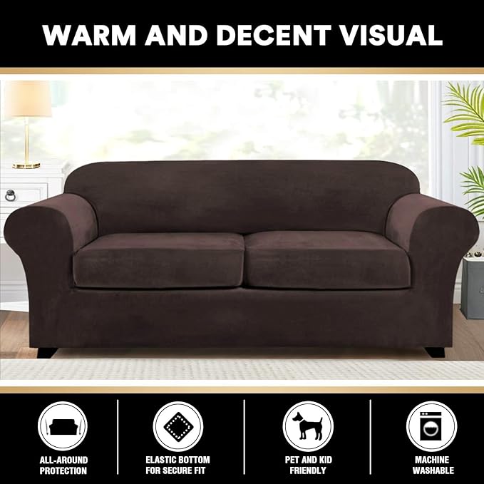 PrinceDeco Couch Cover Velvet Plush Sofa Covers for 2 Cushion Couch Width Up to 90 Inch Washable Furniture Protector Pet Friendly No Slip Sofa Slipcover(Medium-Large, Brown)