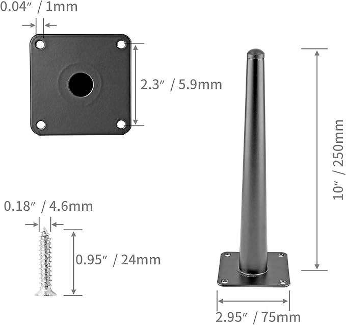 4pcs 10 Inch Furniture Legs, Straight Conical Metal Legs Matte Black Mid-Century Style Furniture Feet for Sofa Cabinet Table Chair Cupboard Couch Ottoman Home DIY Projects