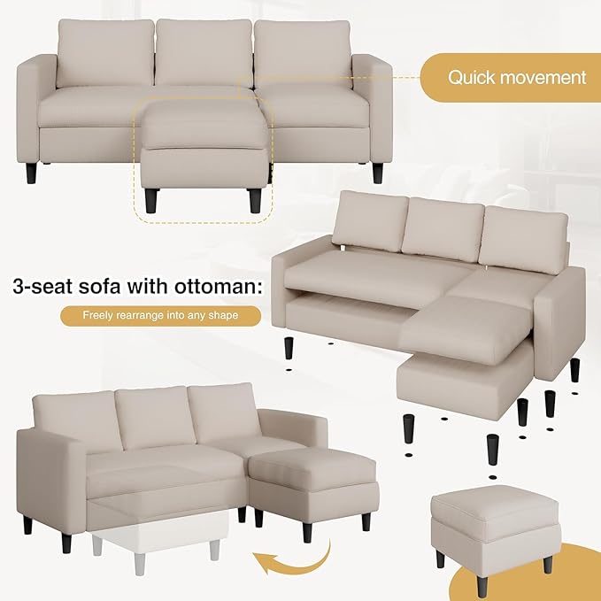 JAMFLY Couches for Living Room, 3-Seat Reversible Sectional Sofa with Convertible Ottoman, Modern Ribbed Fabric L-Shaped Couch for Small Apartment, Studio & Office, Easy Assembly, Beige