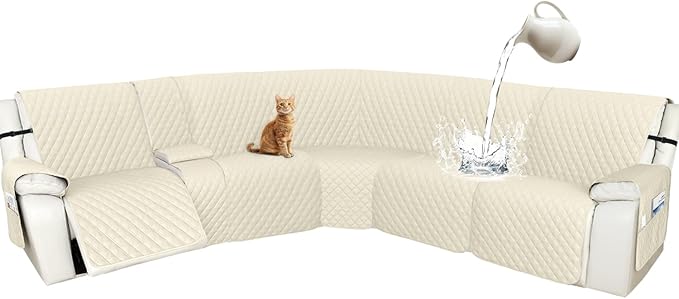 Arfntevss Recliner Sectional Couch Covers 1OO% Waterproof L Shape Sofa Cover for Reclining L Shaped Sectional Slipcover Dog Washable Corner Non Slip Protector (XL 5 Seater with 1 Console, Beige)
