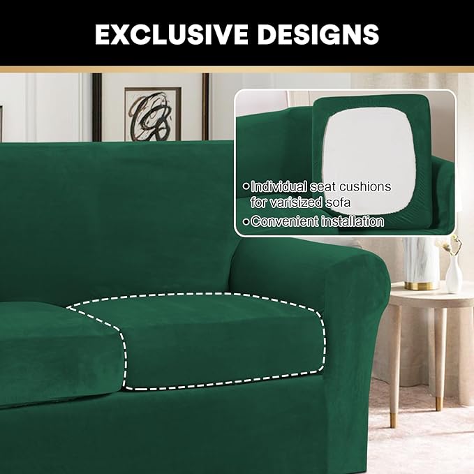 PrinceDeco 2 Piece Chair Cover Velvet Chair Slipcovers Soft Armchair Cover Furniture Protector with Arms Width Up to 49 Inch Chair Sofa Cover with Individual Cushion Covers(Small, Green)