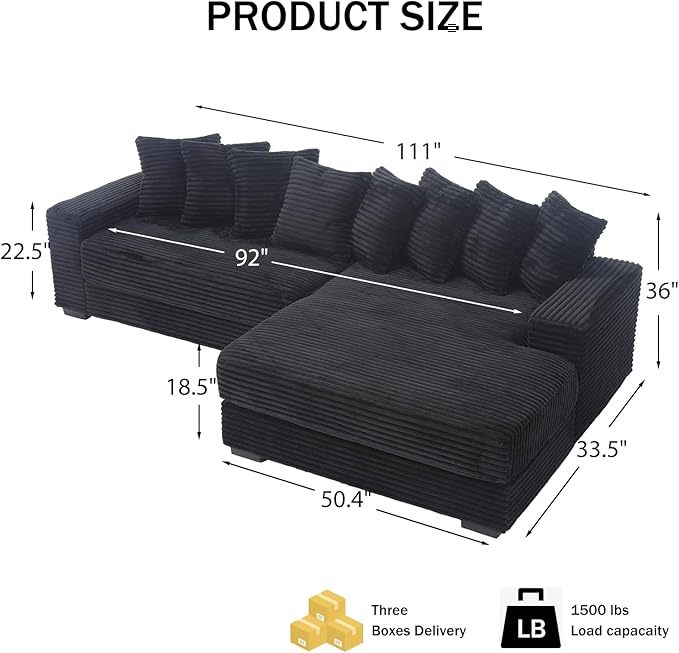 111 Inch Cloud Sectional Couches for Living Room | L-Shaped Sectional Couch with 8 Pillows | Corduroy Couch with Deep Seat | Solid Wood Frame Sofa Black (Right Facing Chaise)