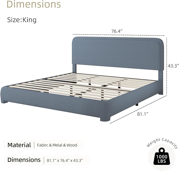 BarnFurin Boucle Upholstered Bed Frame King Size/Cloud Bed Frame/Soft Rounded Corners Headboard/Low Profile/No Box Spring Needed/Non-Slip and Noise-Free/Blue