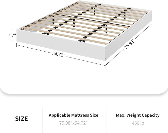 Solid Wood Platform Bed with Sturdy Wooden Slats, Full Size Floor-Standing Bed Frame, Modern Minimalist Design Space-Saving Bed Frame, No Box Spring Needed, Easy Assembly, White