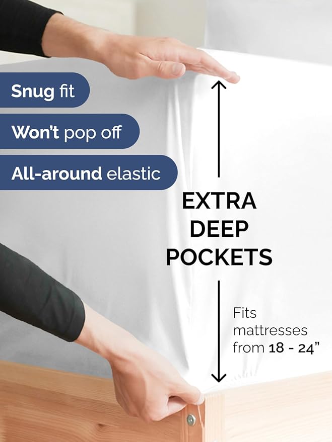 Extra Deep Split King Sheet Set - 7 Piece Breathable and Cooling Sheets - Hotel Luxury Bedding for Women, Men, Kids & Teens - Easy Secure Fit - Soft, Wrinkle Free & Comfy - Extra Deep Pockets - White