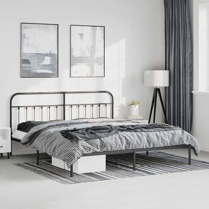 Bed Frame Black Steel Bedroom Furniture Bed Frame for Guest Room 76.0 x 80.0 in Rectangular