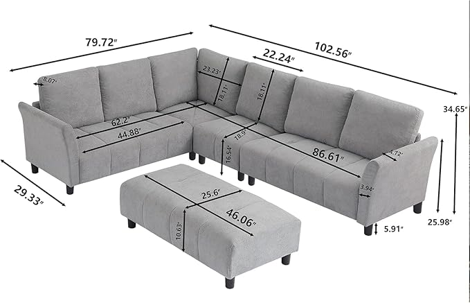 103" Convertible Sectional Sofa with Long Ottoman, Modern Upholstered Fabric L-Shaped Couch with Back Cushions, 6 Seat Sofa Couches for Living Room, Apartment, Office, Light Grey