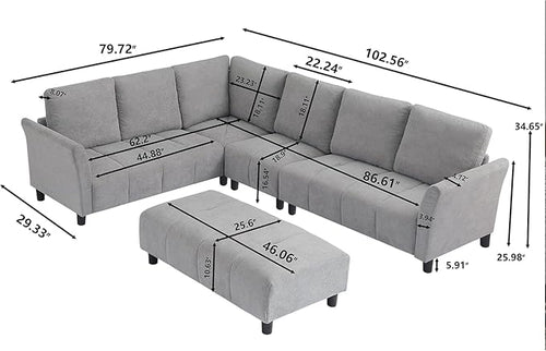 103" Convertible Sectional Sofa with Long Ottoman, Modern Upholstered Fabric L-Shaped Couch with Back Cushions, 6 Seat Sofa Couches for Living Room, Apartment, Office, Light Grey