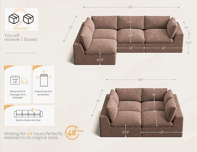 120" Cloud Sectional Couch | Oversize Boneless Couches for Living Room | 4 Seater L-Shape Sofa | Brown
