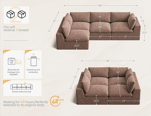 120" Cloud Sectional Couch | Oversize Boneless Couches for Living Room | 4 Seater L-Shape Sofa | Brown