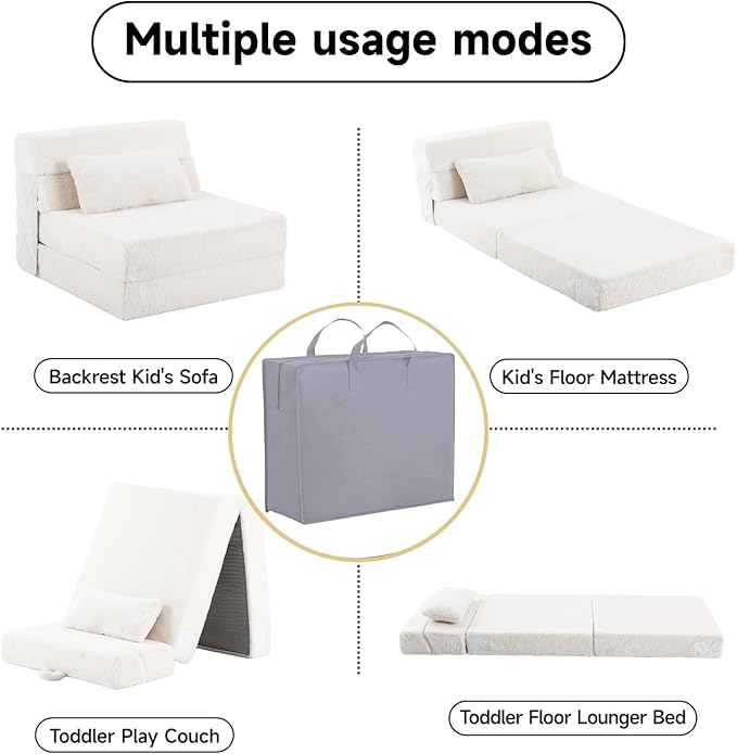 Tiita Convertible Folding Kids Sofa Bed with Pillow & Storage Bag, Plush Fabric Floor Mattress Couch Bed, Washable Cover, Kids Room, Playroom, Dorm, Apartment, Beige