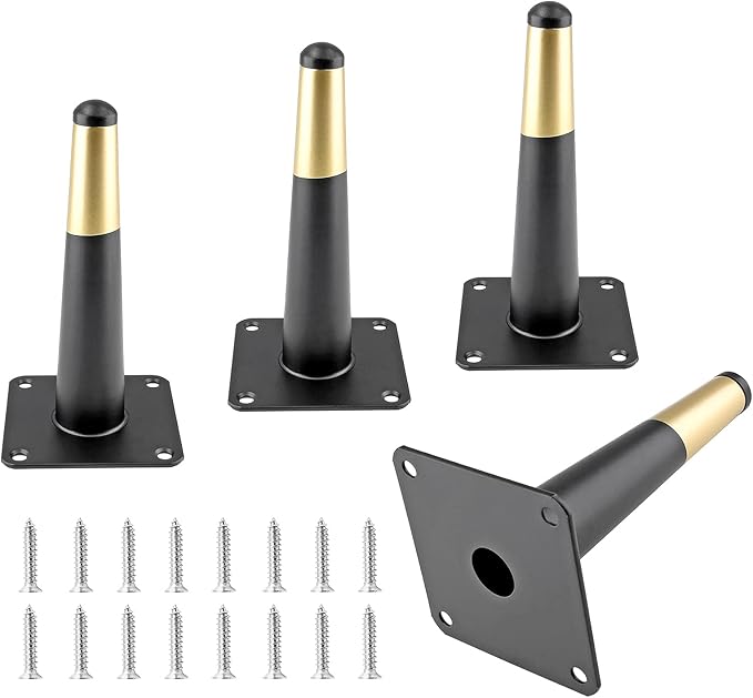 4pcs 6 Inch Furniture Legs, Straight Conical Metal Legs Matte Black Gold Mid-Century Style Furniture Feet for Sofa Cabinet Table Chair Cupboard Couch Ottoman Home DIY Projects