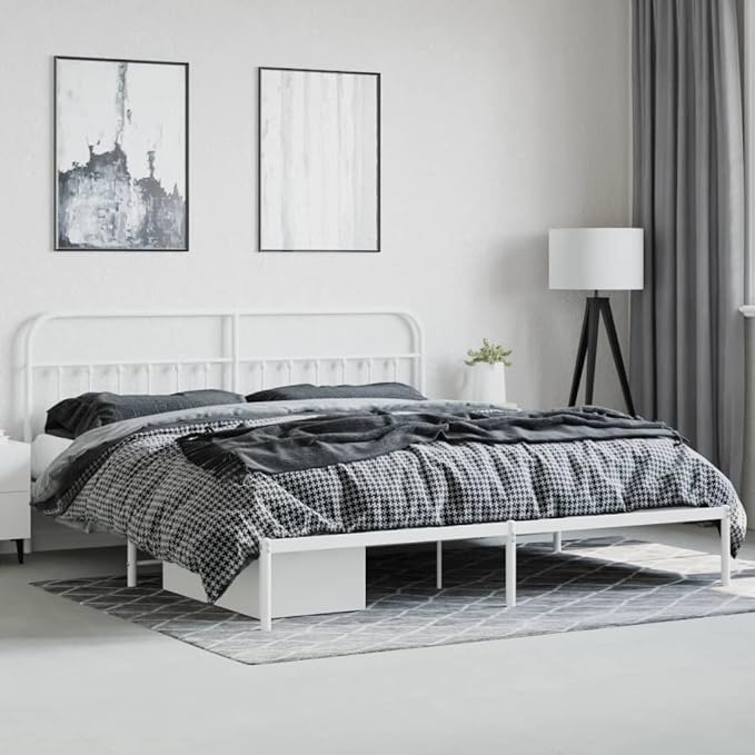 Bed Frame White Powder-Coated Steel Full Bed Frame Rectangular headboard Bedroom Furniture for Living Room