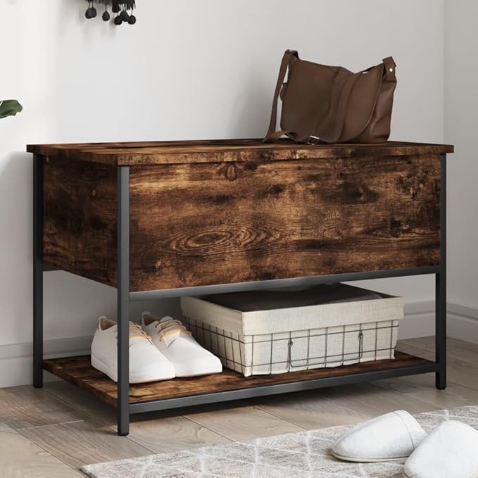 Industrial Storage Bench with Adjustable Feet, Smoked Oak Finish for Hallway Living Room Seating and Organization