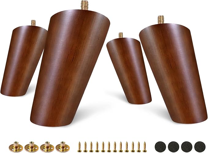 FoDau770 Brown Rubber Wood Furniture Legs 4 Inches, Slant Tapered Wood Feet Mid Century Sofa Legs Set of 8, 5/16" UNC Furniture Feet Replacement Parts for Cabinet Couch Dresser Chair Ottoman Table
