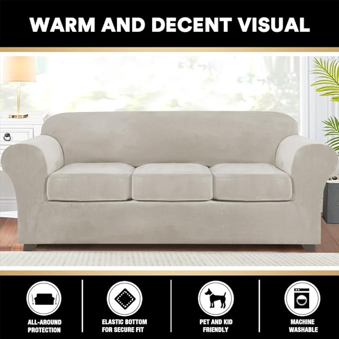 PrinceDeco Velvet Couch Covers for Sofa Soft 4 Pieces Couch Covers for 3 Cushion Couch Sofa Pet Friendly Furniture Protector with Non Slip Elastic Bottom Width Up to 90 Inch(Large, Oatmeal)