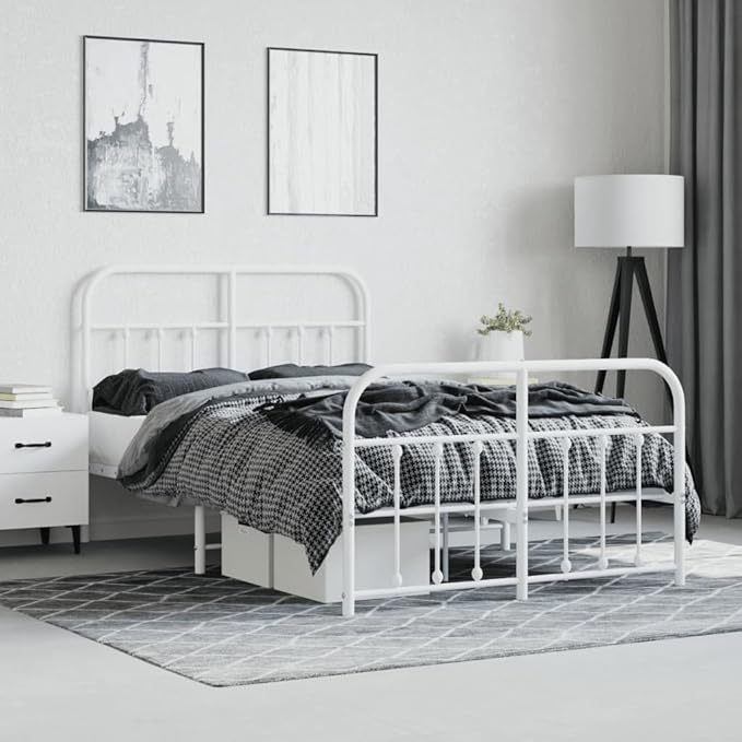 Bed Frame White Powder-Coated Steel headboard Queen Bed Frame for Living Room 47.2x74.8 in
