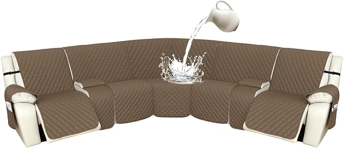 Arfntevss Recliner Sectional Couch Covers 1OO% Waterproof L Shape Sofa Cover for Reclining L Shaped Sectional Slipcover Dog Washable Corner Non Slip Protector (5 Seater with 2 Console, Light Brown)
