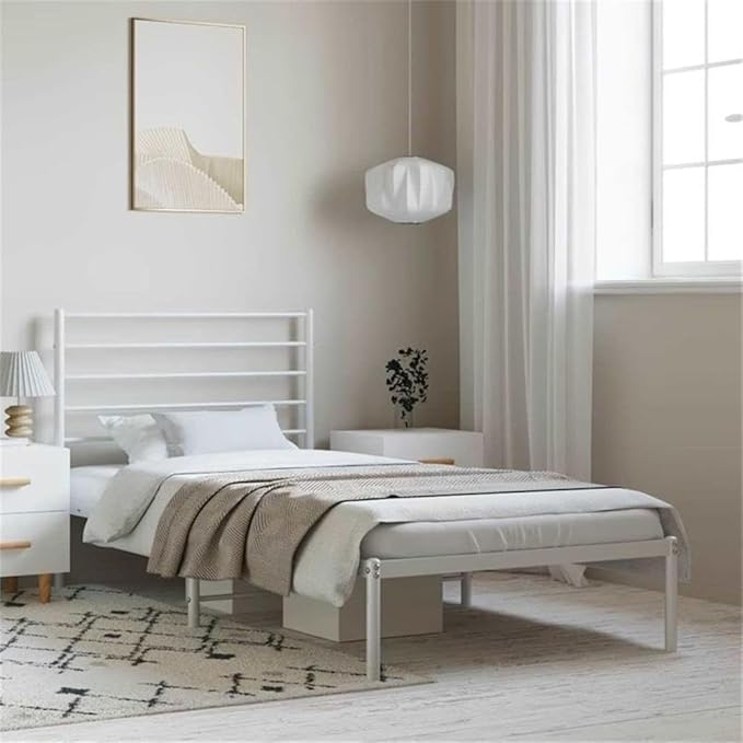 BOWERY HILL Powder-Coated Steel Bed Frame, Single Size, Durable Metal Construction, White Finish, Compact Design for Guest Bedroom or Small Spaces, Modern Style Indoor Sleeping Solution