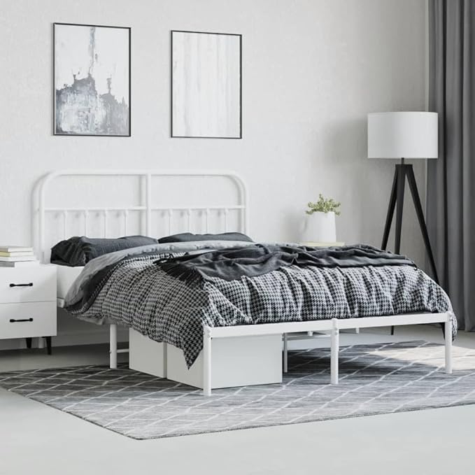 Bed Frame White Steel Single Bed Bedroom Furniture for Bedroom 55.1x74.8in Frame Rectangular