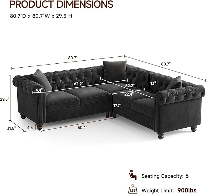 ONBRILL Velvet Chesterfield Sofa, L Shaped Sectional Sofa with Tufted Back & Rolled Arms, 3 Throw Pillows, Small Corner Sectional Couch for Living Room, Apartment, Black | Velvet Fabric