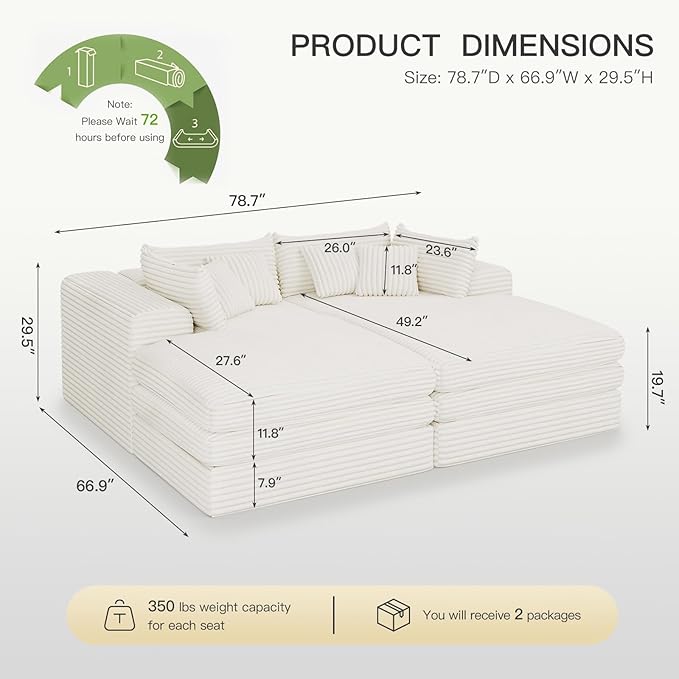 Belffin Double Chaise Lounge Sofa Bed Plush Corduroy Boneless Sectional Cloud Couches for Living Room Boneless Cloud Couch with Deep Seat No Assembly Required. Beige Sofa