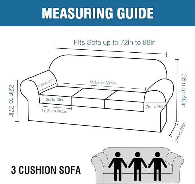 H.VERSAILTEX 4 Piece Stretch Sofa Covers for 3 Cushion Couch Covers for Living Room Furniture Slipcovers (Base Cover Plus 3 Seat Cushion Covers) Upgraded Thicker Jacquard Fabric (Sofa, Storm Blue)
