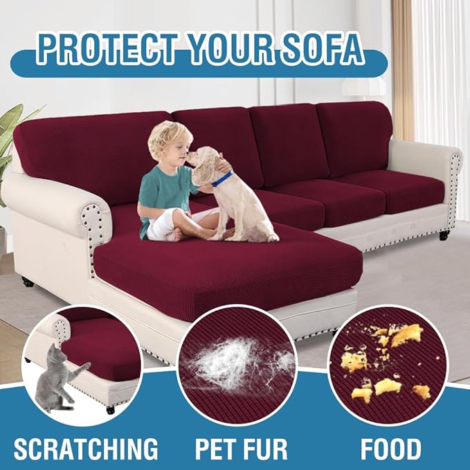 H.VERSAILTEX Sectional Couch Covers 8 Pieces Stretch Sofa Covers for Sectional Sofa Set Separate L Shaped Couch Cover for Both Left/Right Couch (Seat and Back: 1 Chaise + 3 Sofa, Burgundy)